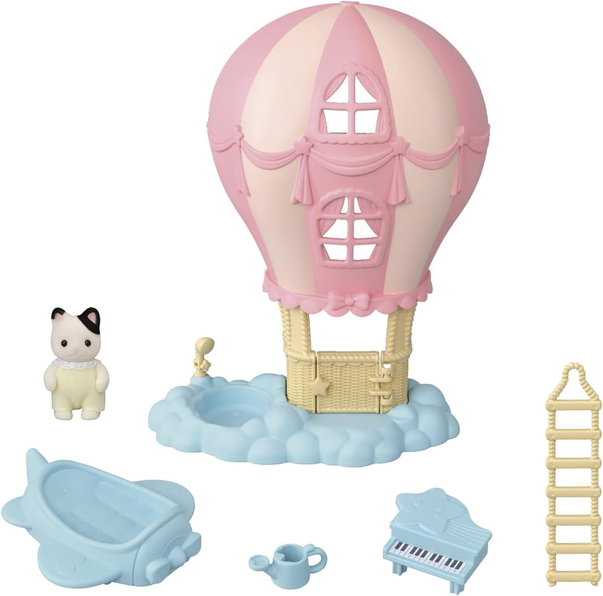 Contenido del set: casa globo, bebé gato tuxedo, cama avión, piano, escalera y regadera