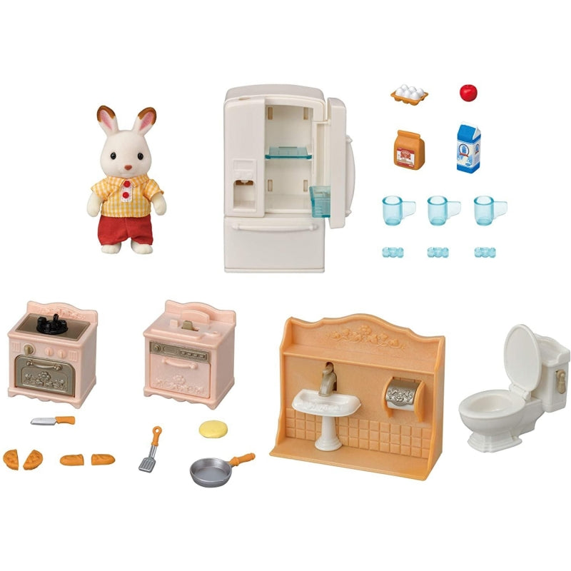 Contenido del set: conejo, refrigerador, cocinas, lavamanos, baño y accesorios