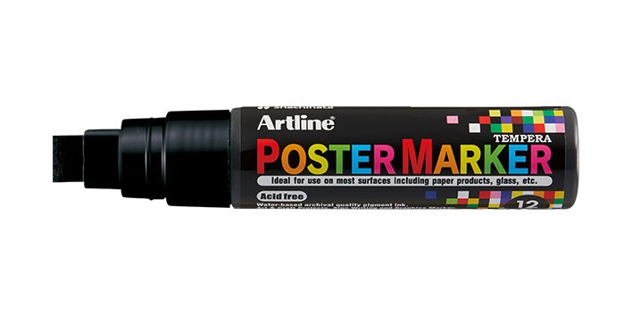 Plumón Artline Poster Marker 12 mm color negro destapado, punta biselada y tinta témpera