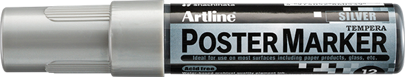 Marcador Artline Poster Marker 12 plateado visto de lado con su tapa