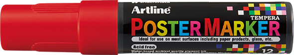 Marcador Artline Poster Marker 12 rojo visto de lado con su tapa
