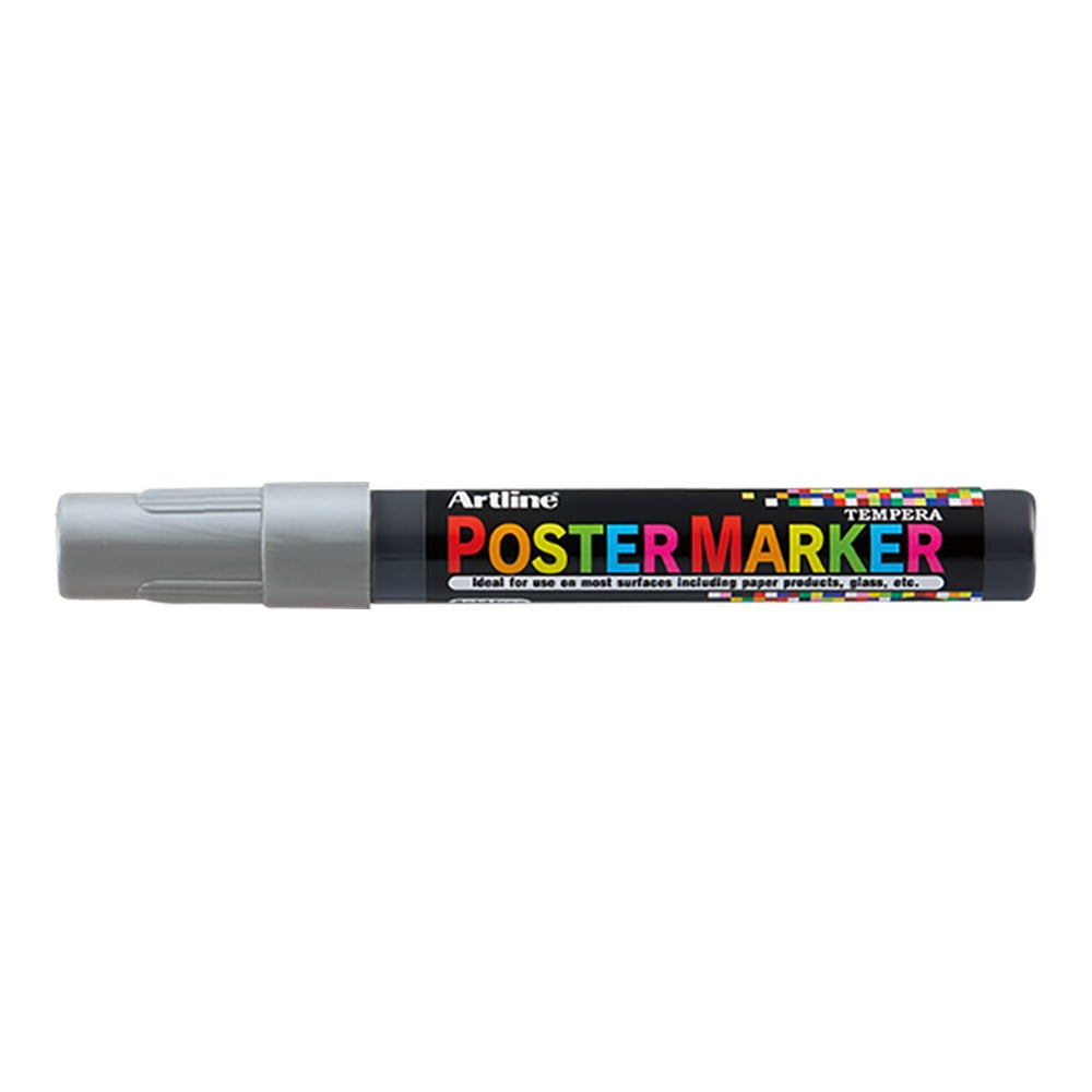 Marcador Artline Poster Marker témpera punta 4 mm color plateado, vista lateral sobre fondo blanco