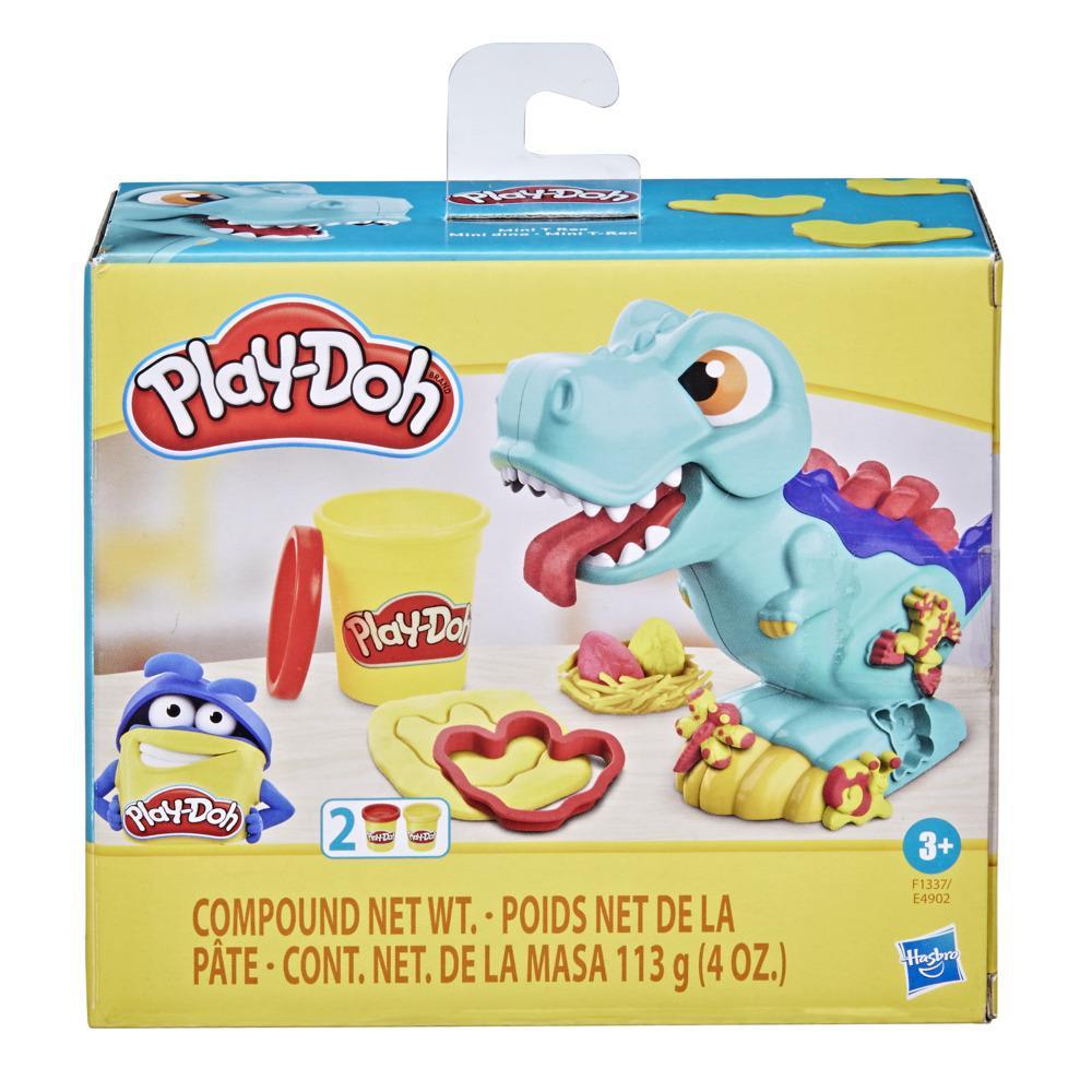 Caja del set Play-Doh Mini T-Rex con dinosaurio celeste y 2 latas de masa