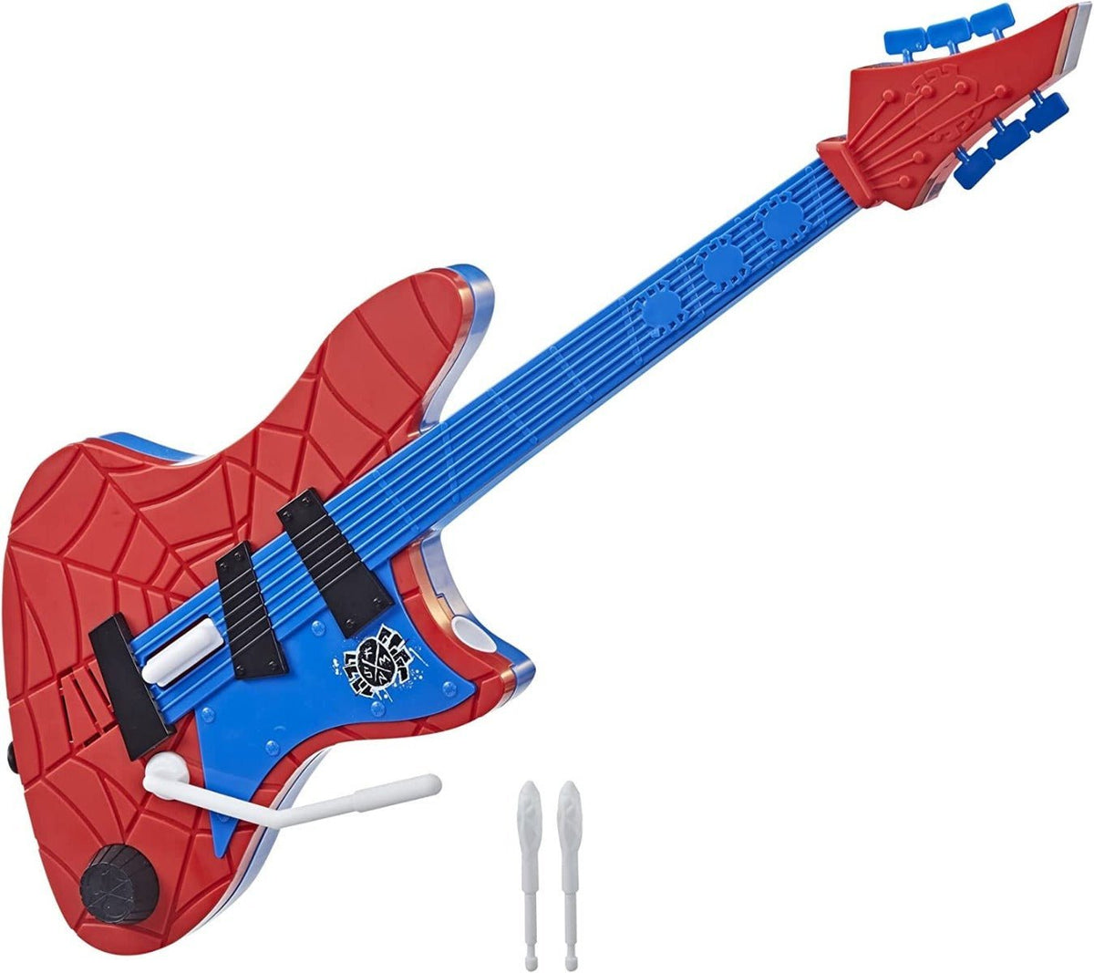 Guitarra Spider-Punk roja y azul con dos proyectiles de telaraña