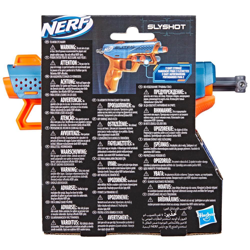 Parte trasera del empaque Nerf Slyshot con advertencias e instrucciones