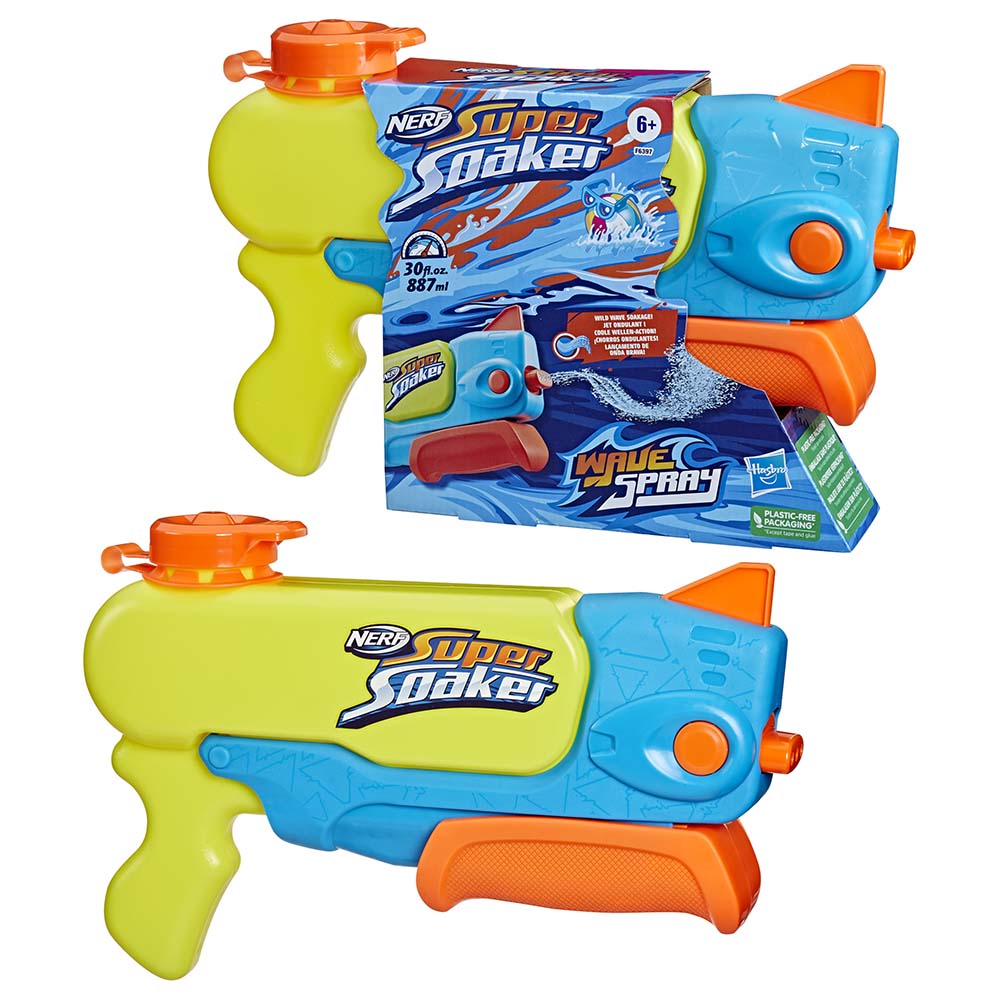 Caja del Nerf Super Soaker Wave Spray con capacidad de 887 ml y el lanzador de agua fuera de la caja