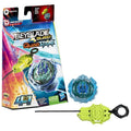 Empaque Beyblade Burst QuadStrike starter pack con trompo azul y lanzador verde, modelo de ejemplo del surtido