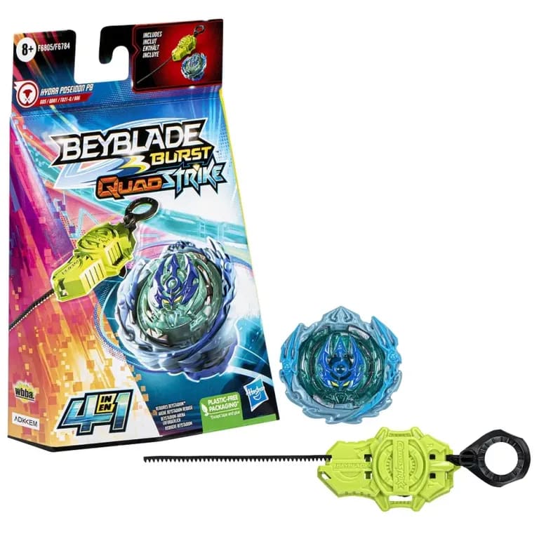 Empaque Beyblade Burst QuadStrike starter pack con trompo azul y lanzador verde, modelo de ejemplo del surtido