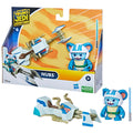 Nubs con su speeder bike blanco y azul de Young Jedi Adventures junto a su caja