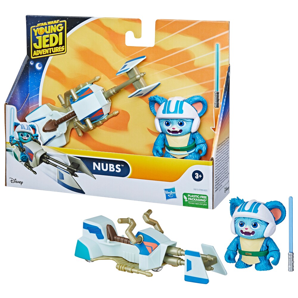 Nubs con su speeder bike blanco y azul de Young Jedi Adventures junto a su caja
