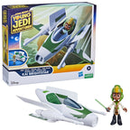Vehículo Jedi Pilot con figura Kai Brightstar de Star Wars Young Jedi Adventures junto a su caja