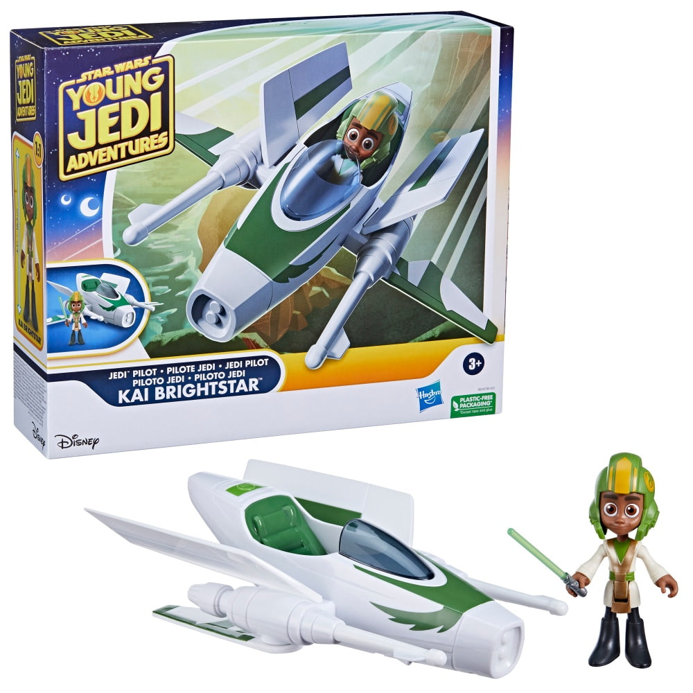 Vehículo Jedi Pilot con figura Kai Brightstar de Star Wars Young Jedi Adventures junto a su caja
