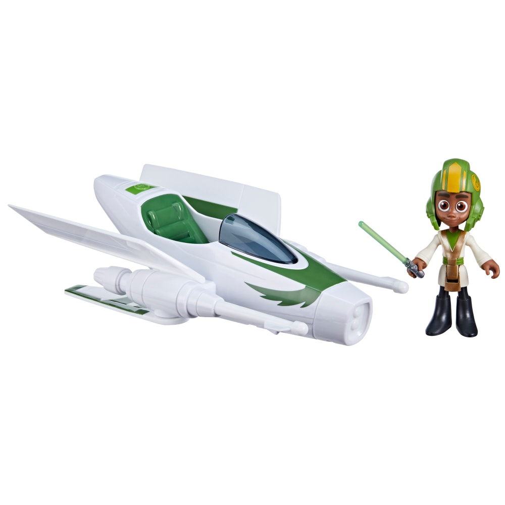 Nave blanca y verde Jedi Pilot con figura de Kai Brightstar y su sable de luz