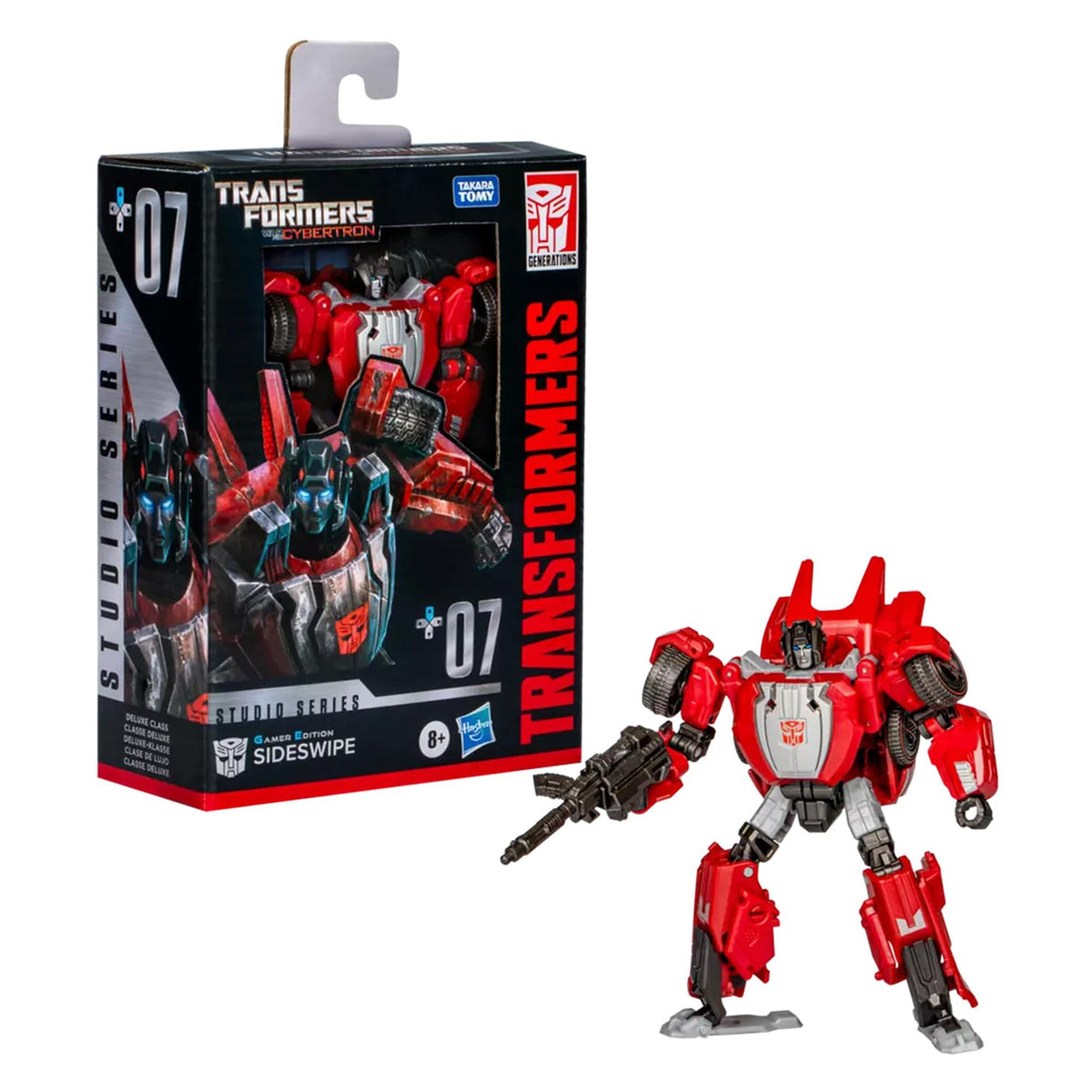 Caja Studio Series 07 Gamer Edition Sideswipe junto a la figura en modo robot