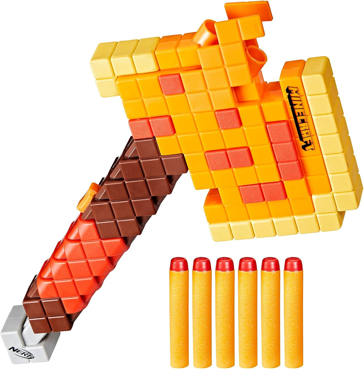 Lanzador Nerf Minecraft Firebrand con forma de hacha pixelada naranja y 6 dardos Nerf Elite
