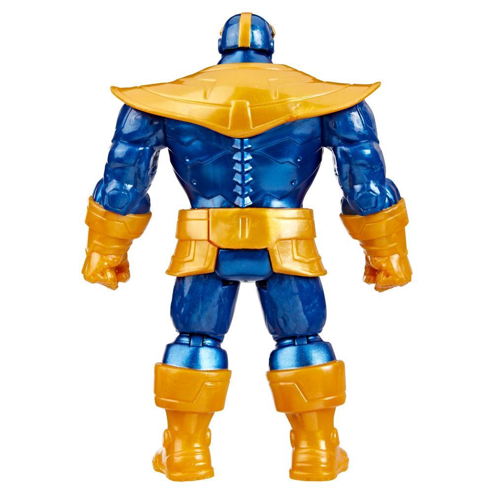 Vista posterior de la figura Thanos con traje azul y armadura dorada
