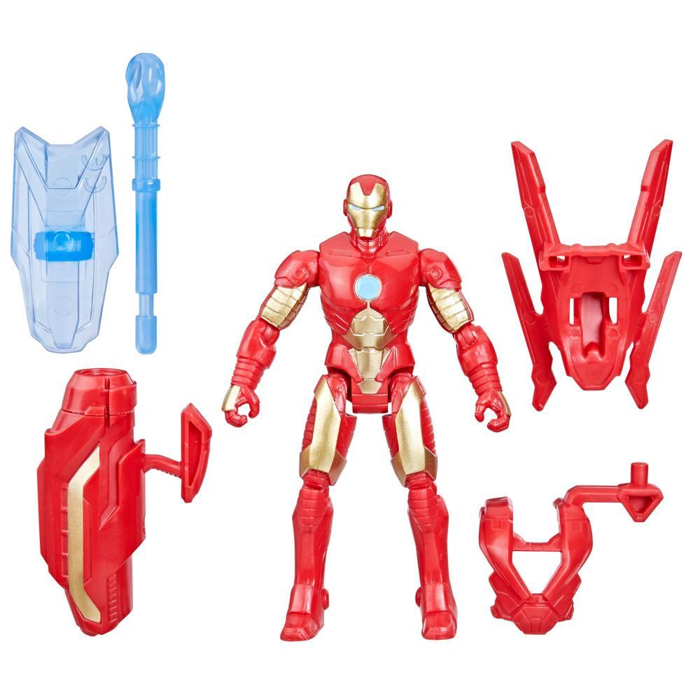 Figura Iron Man Epic Hero Series junto a su escudo, mochila propulsora, lanzador y proyectil