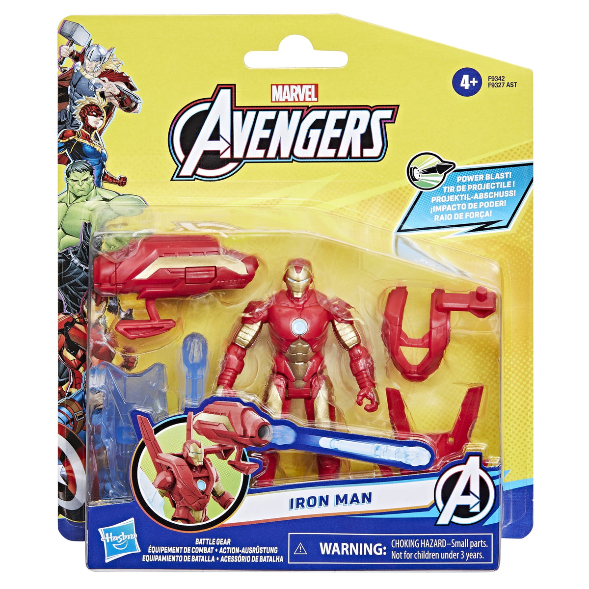 Empaque Avengers Battle Gear de Iron Man con la figura y accesorios a la vista