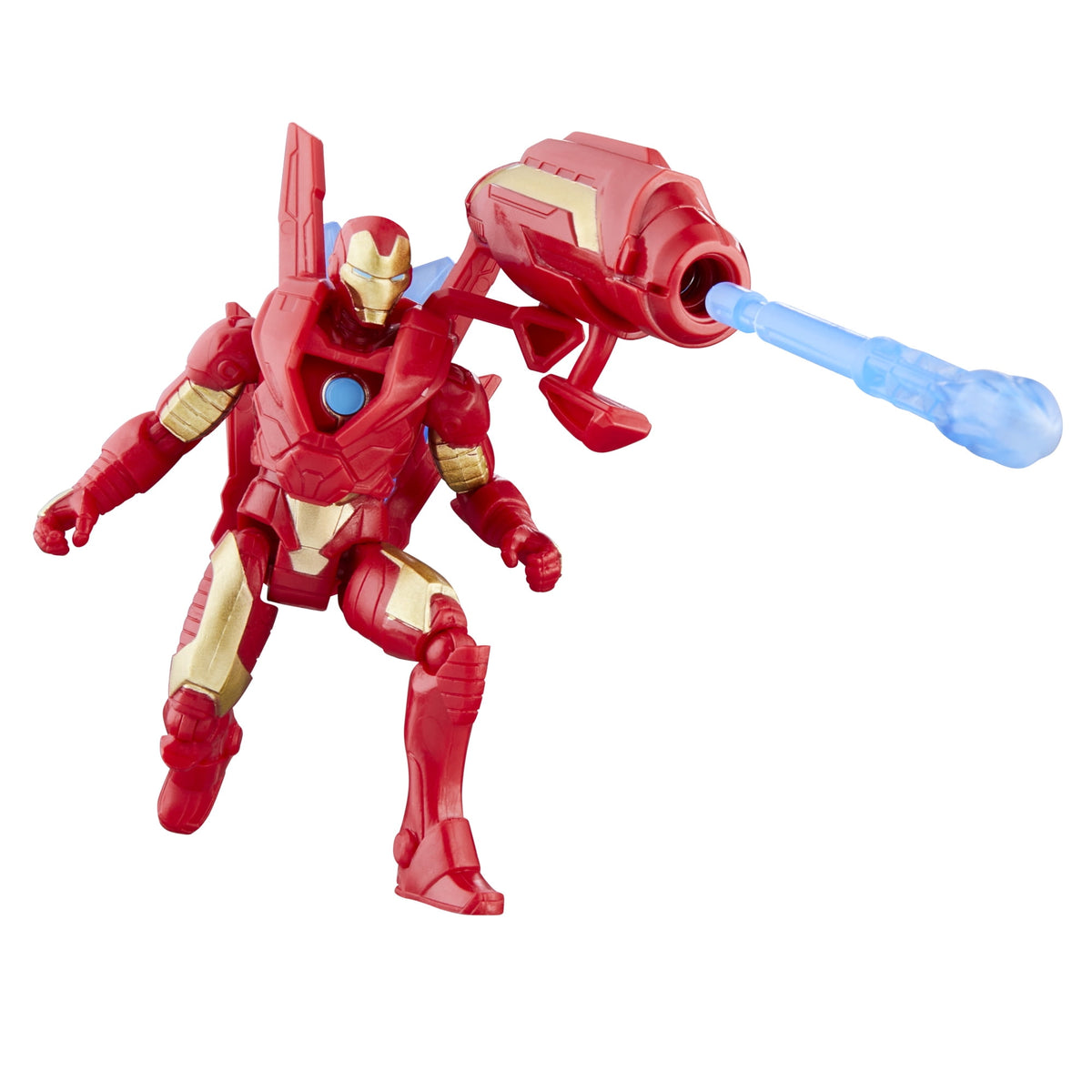 Iron Man con la mochila propulsora y el lanzador disparando un proyectil azul