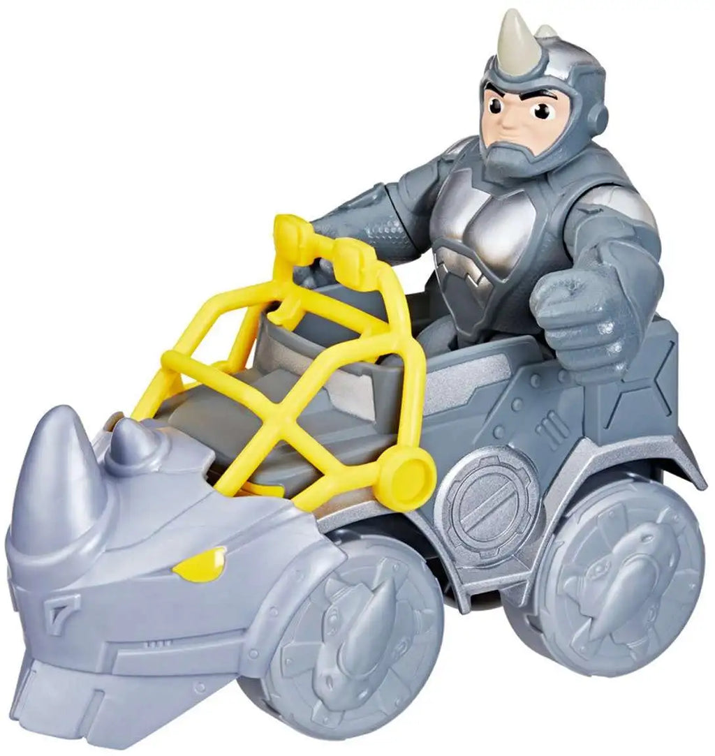 Figura de Rhino manejando el vehículo Demoledor gris con jaula amarilla