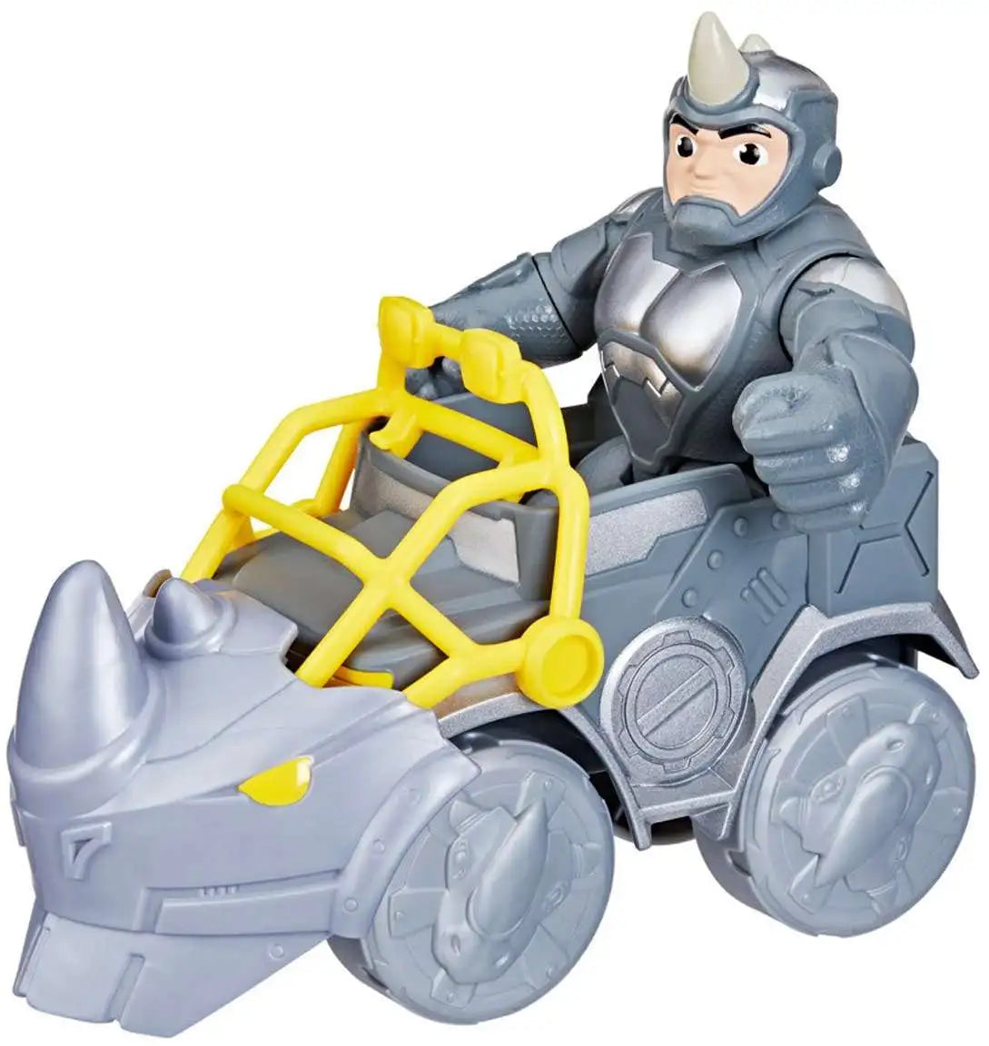 Figura de Rhino manejando el vehículo Demoledor gris con jaula amarilla