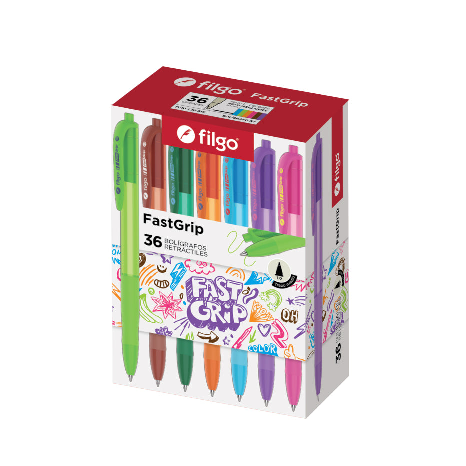 Caja de 36 bolígrafos retráctiles Filgo Fastgrip en colores brillantes