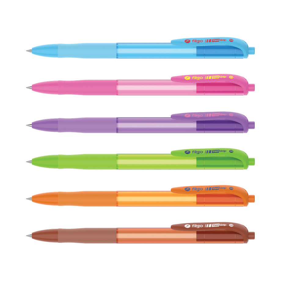 Seis bolígrafos Filgo Fastgrip en celeste, rosado, violeta, verde, naranjo y café
