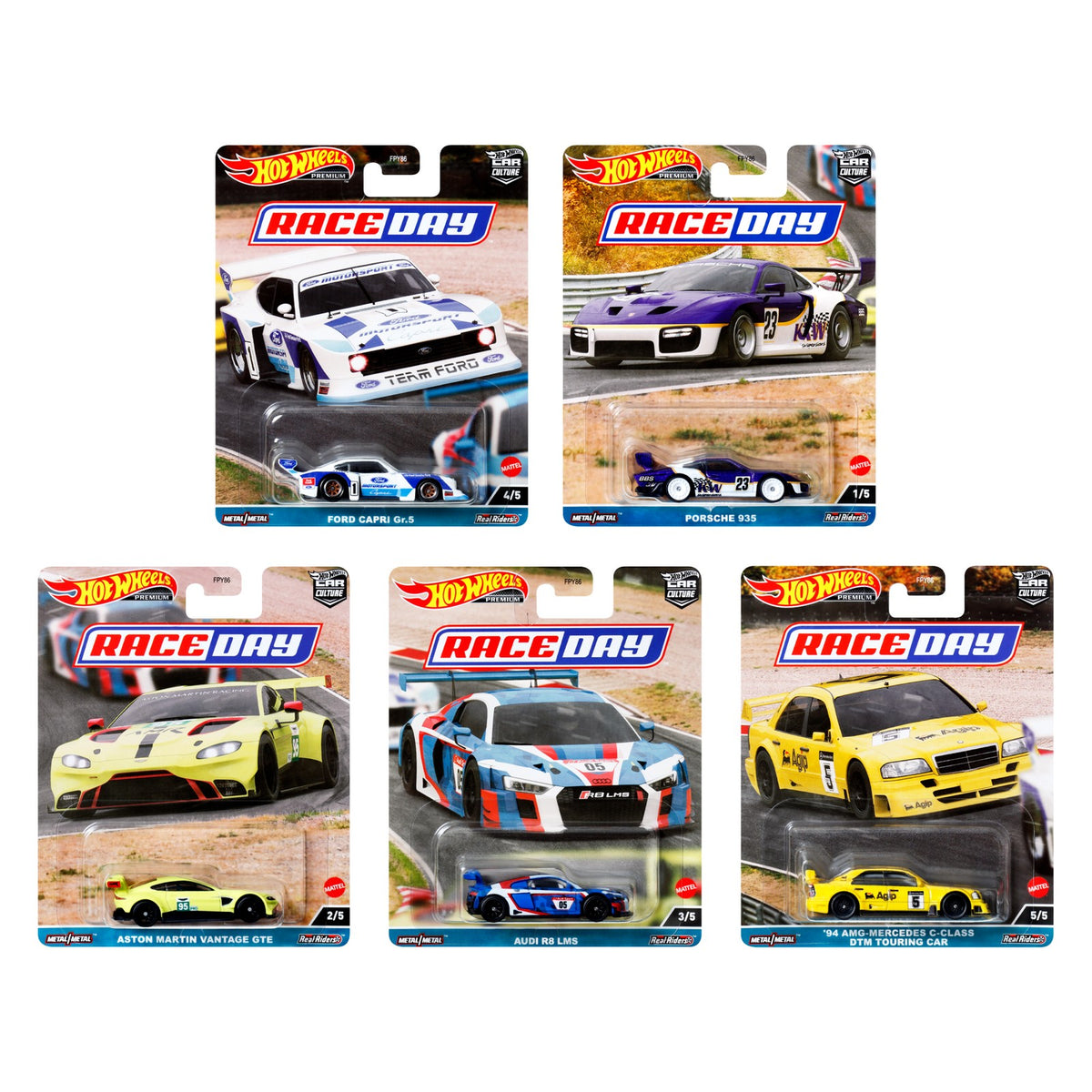 Empaques blíster Hot Wheels Car Culture Race Day, ejemplo de una serie del surtido FPY86