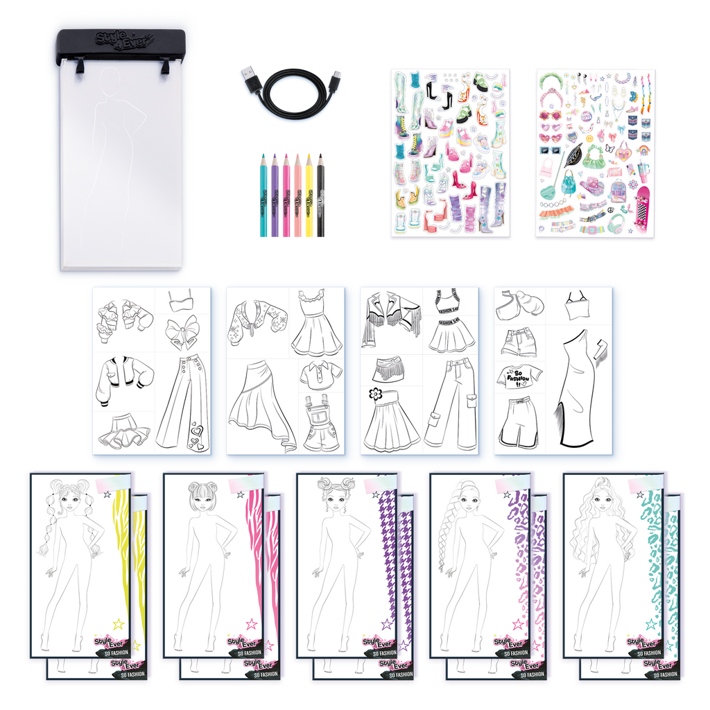 Contenido del set: tableta de luz, 6 lápices, hojas de modelos y stickers