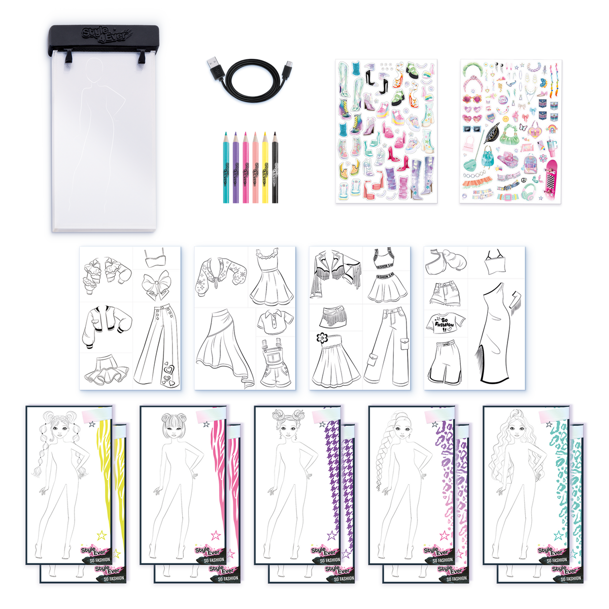 Contenido del set: tableta de luz, 6 lápices, hojas de modelos y stickers