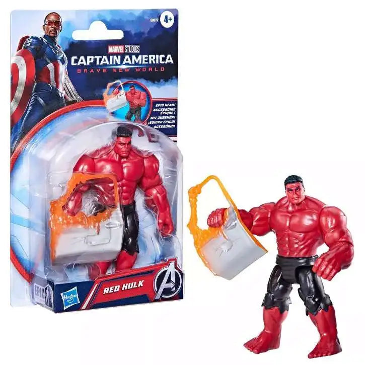 Empaque y figura Red Hulk de Hasbro lado a lado con su accesorio