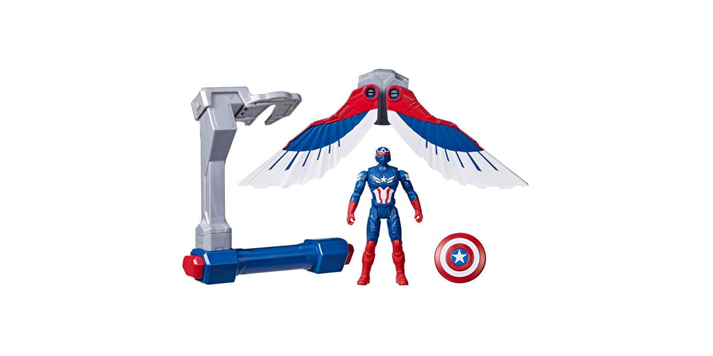 Figura Capitán América Sam Wilson de 10 cm con alas desplegadas, escudo y lanzador