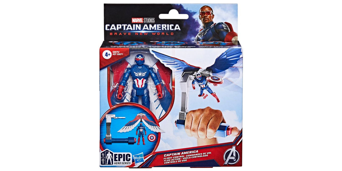 Empaque de la figura Capitán América con alas de vuelo, línea Epic Hero Series de Hasbro