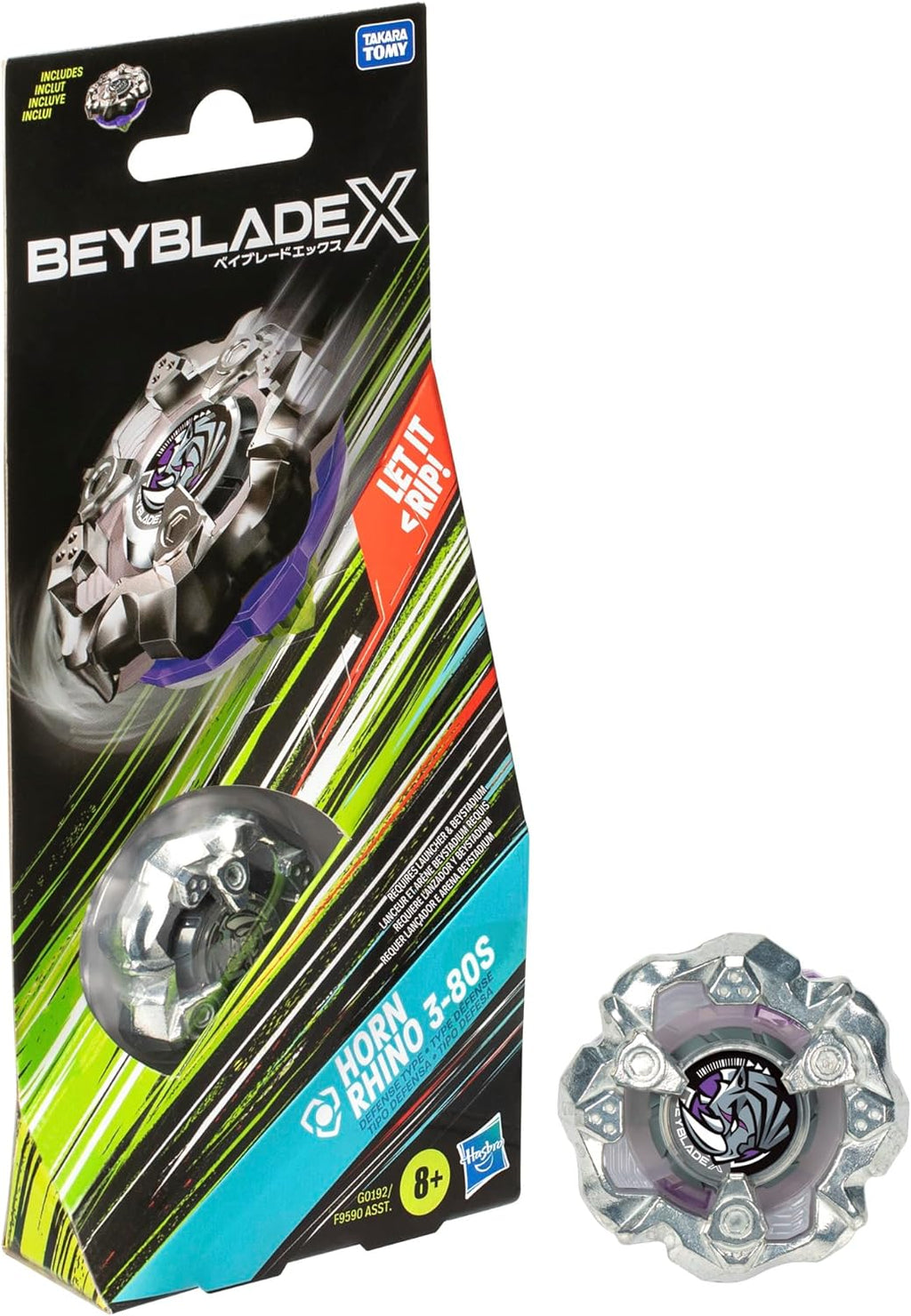 Empaque Beyblade X Horn Rhino 3-80S junto al trompo