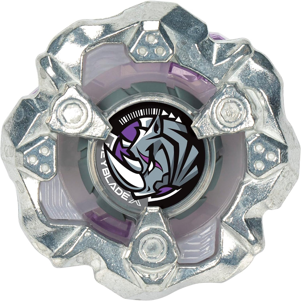 Trompo Beyblade X Horn Rhino plateado con emblema de rinoceronte