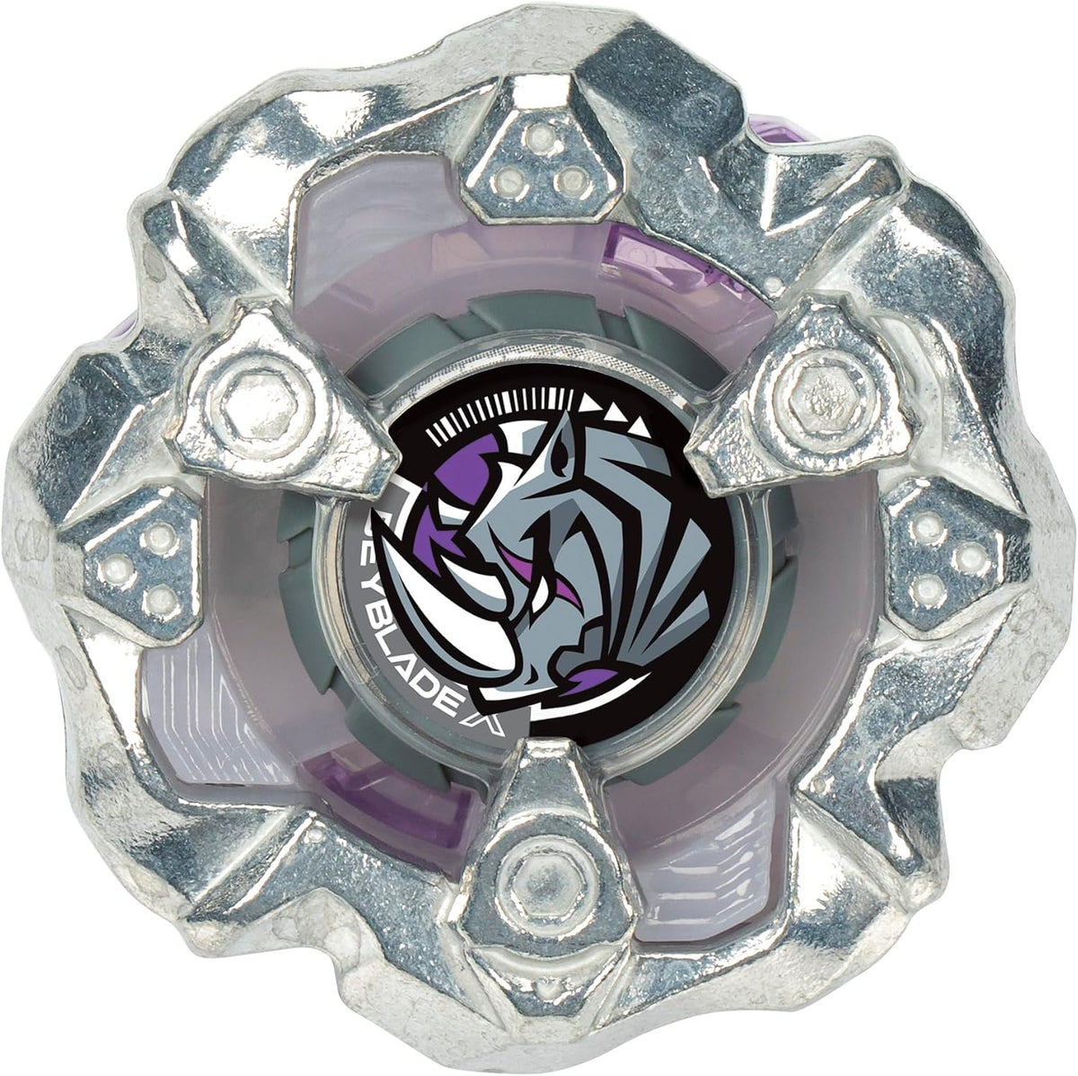 Trompo Beyblade X Horn Rhino plateado con emblema de rinoceronte