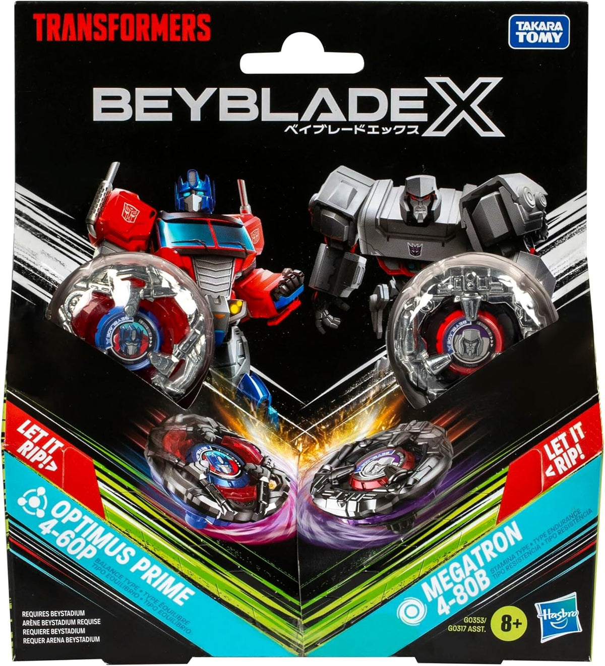 Caja del set Beyblade X Transformers con Optimus Prime 4-60P y Megatron 4-80B