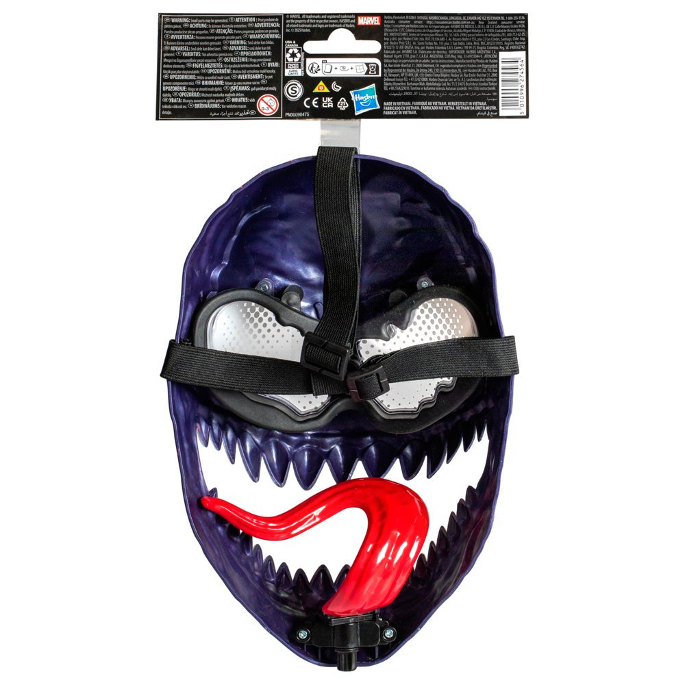 Vista trasera de la máscara de Venom con correa ajustable y lengua roja