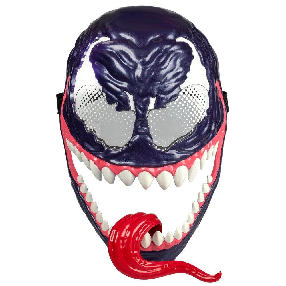 Máscara de Venom fuera del empaque con colmillos blancos y lengua roja