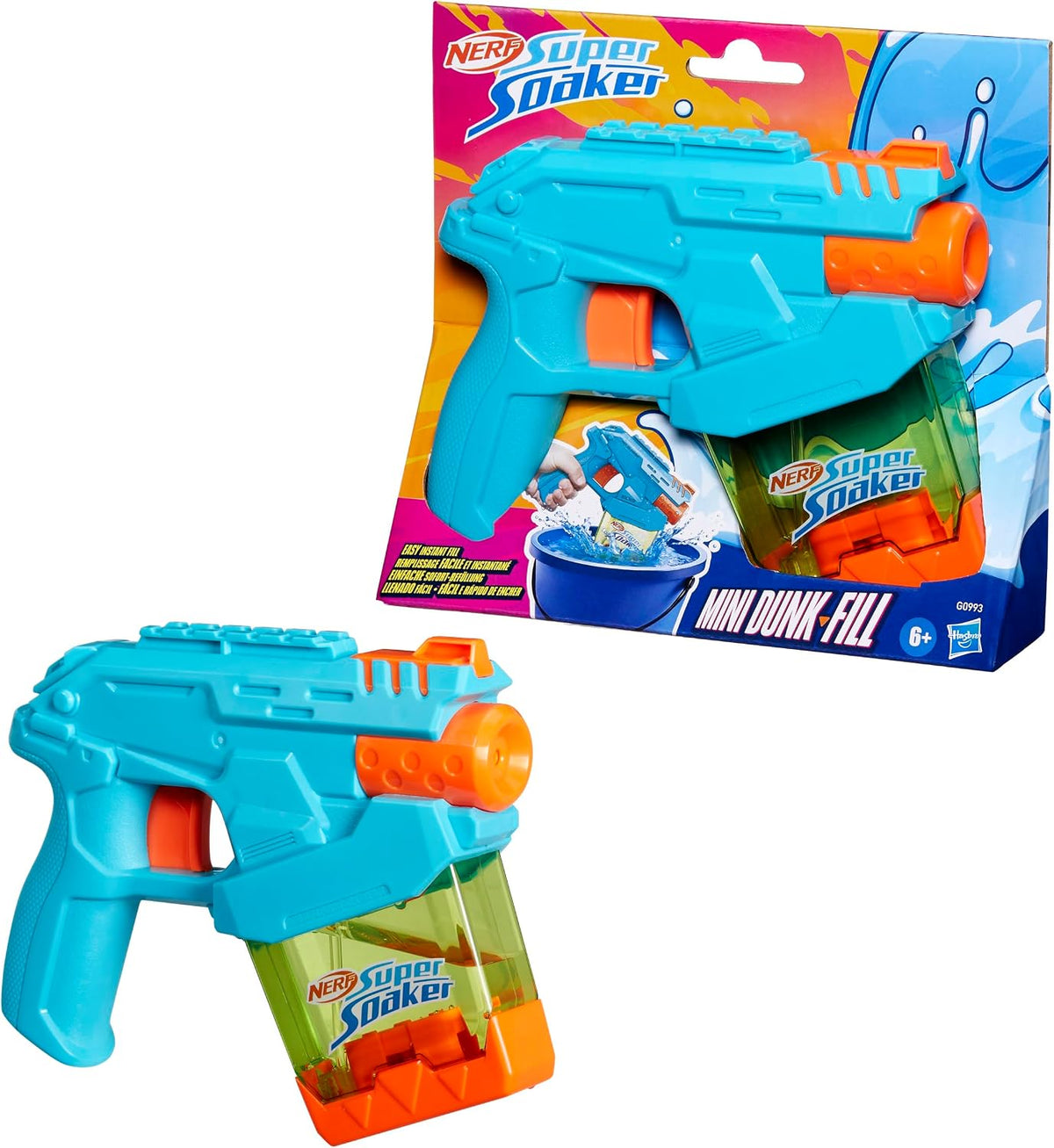 Lanzador de agua Nerf Super Soaker Mini Dunk-Fill celeste y naranjo junto a su caja