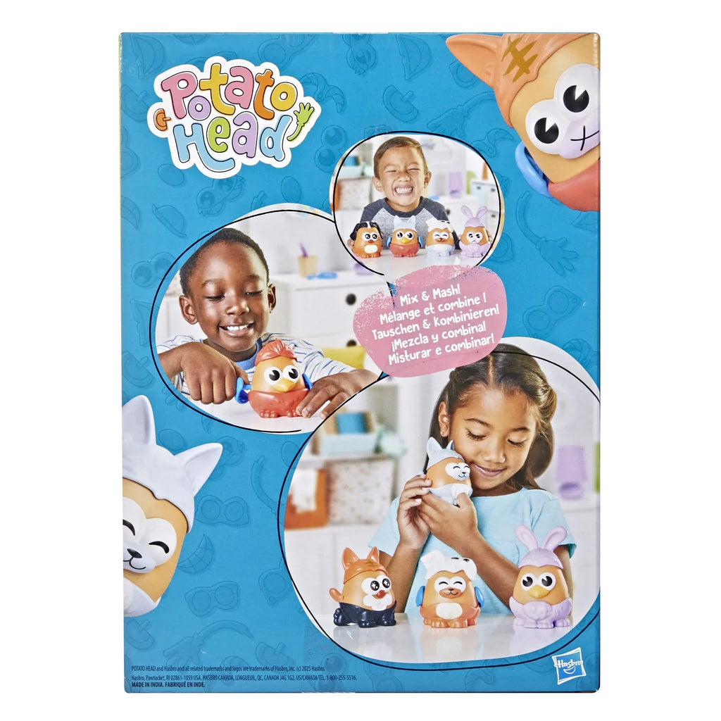 Reverso de la caja Potato Head Pet-Tato Tots con niños combinando piezas