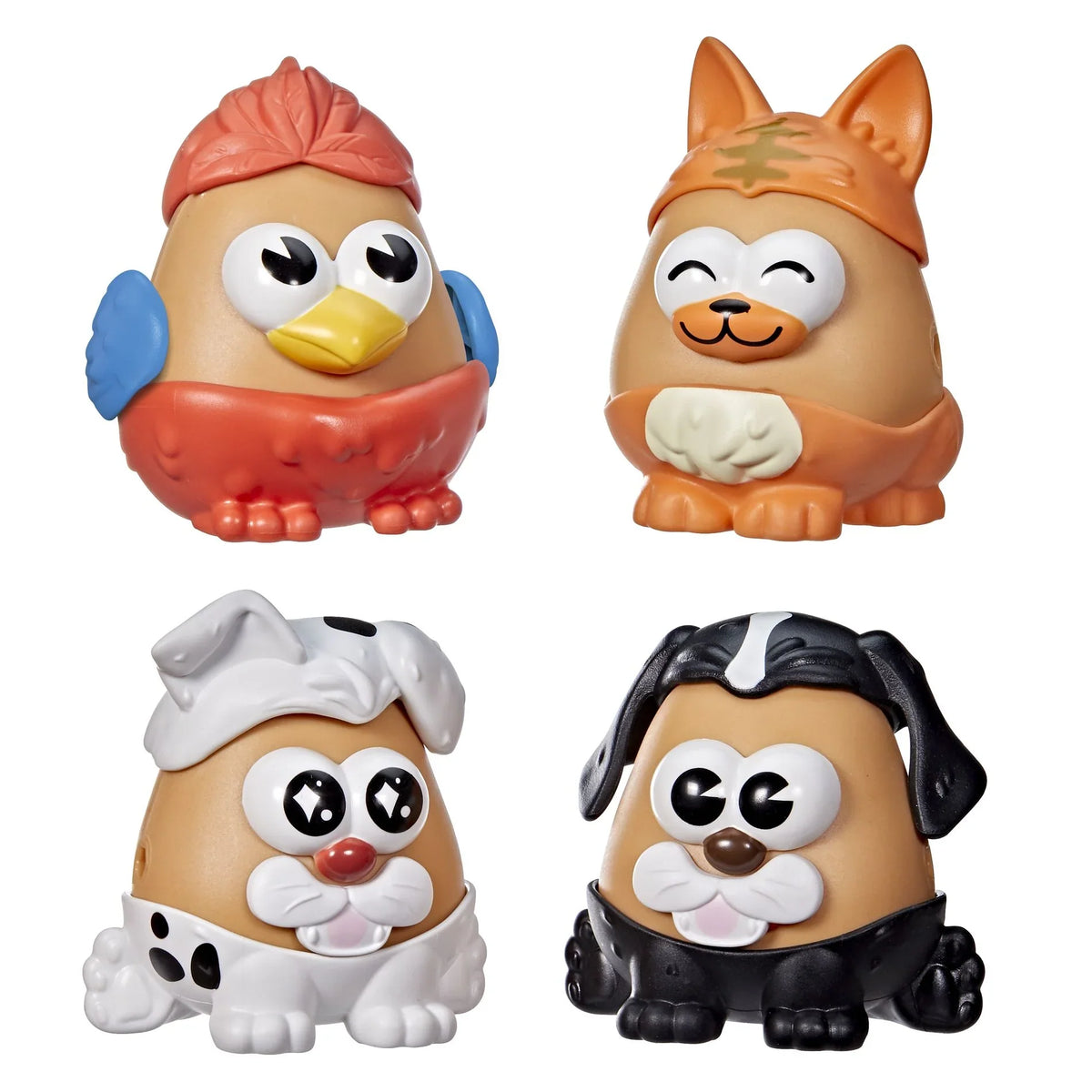 Cuatro figuras Potato Head mascotas: pájaro, gato, perro dálmata y perro negro