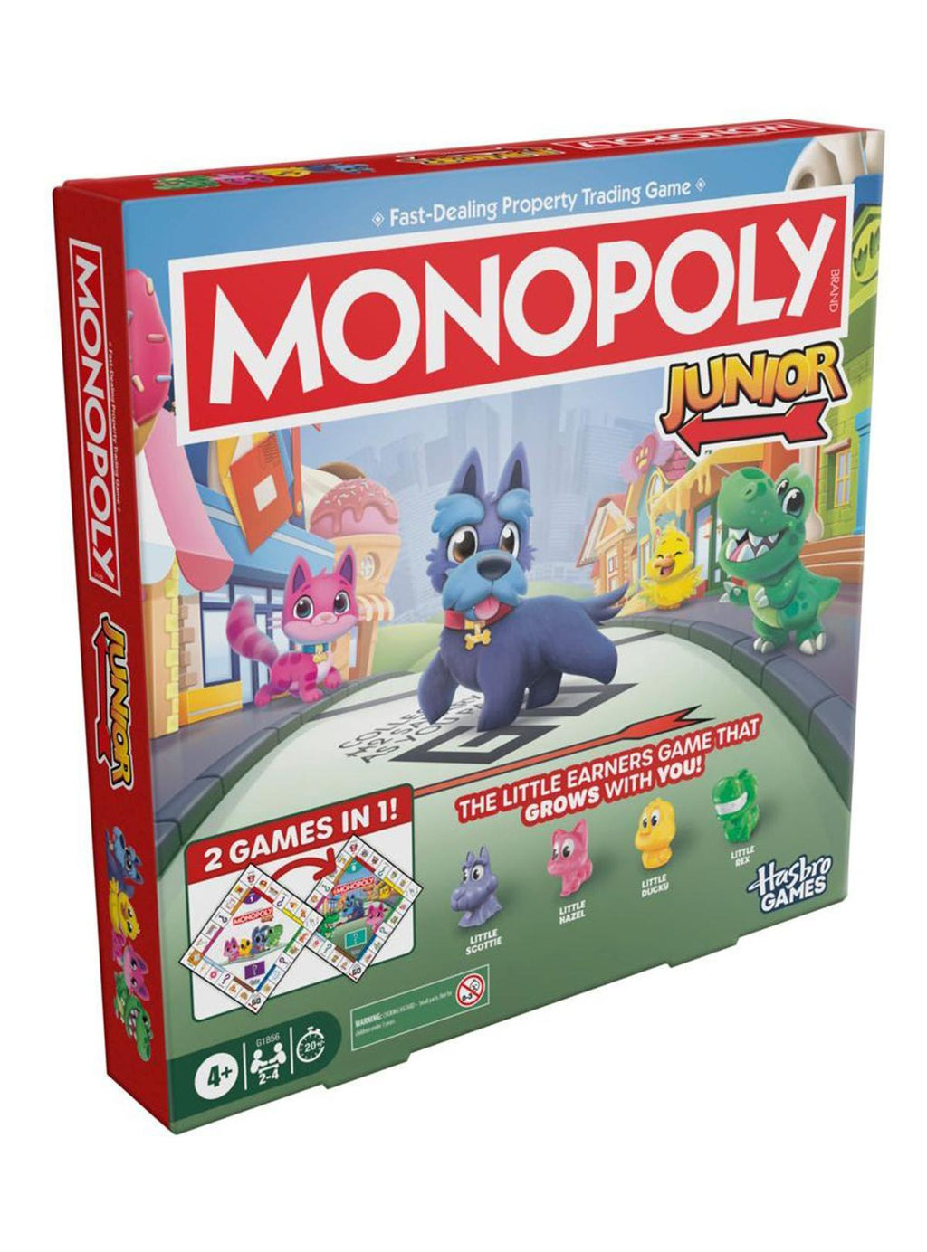 Caja del juego Monopoly Junior 2 en 1 de Hasbro Gaming con sus personajes