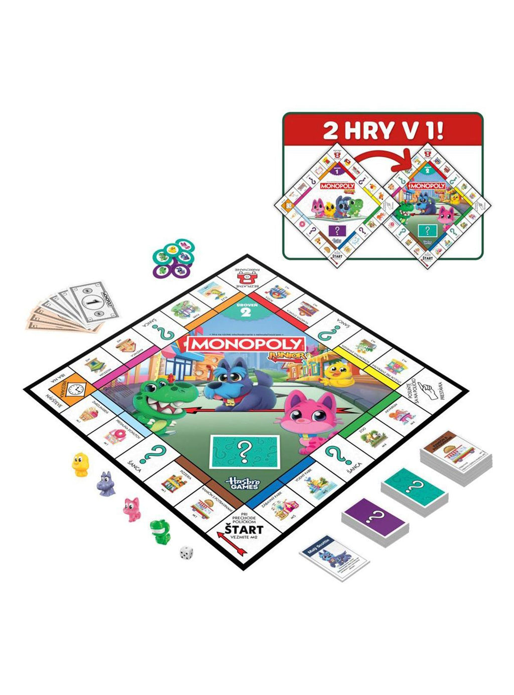 Tablero de Monopoly Junior armado con cartas, billetes, dado y fichas
