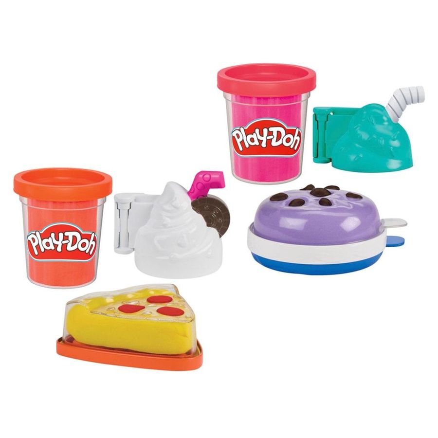 Contenido de ambas versiones: latas Play-Doh, galleta, batido, pizza y helado de juguete