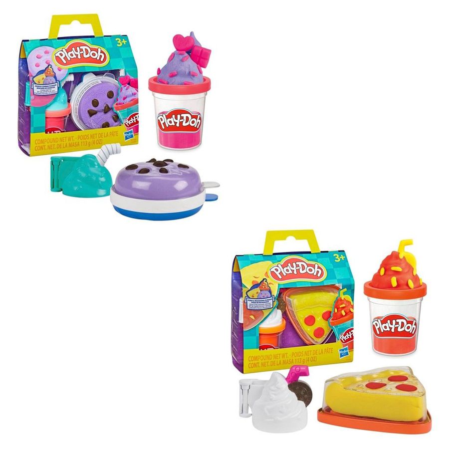 Empaques Play-Doh golosinas junto a sus moldes y masas armadas