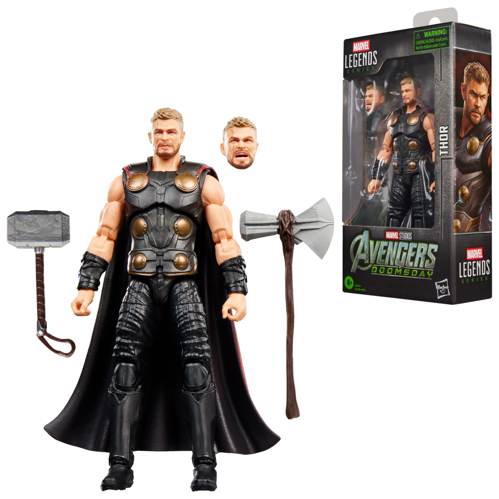 Thor con cabeza alternativa, Mjolnir y Stormbreaker junto a su caja