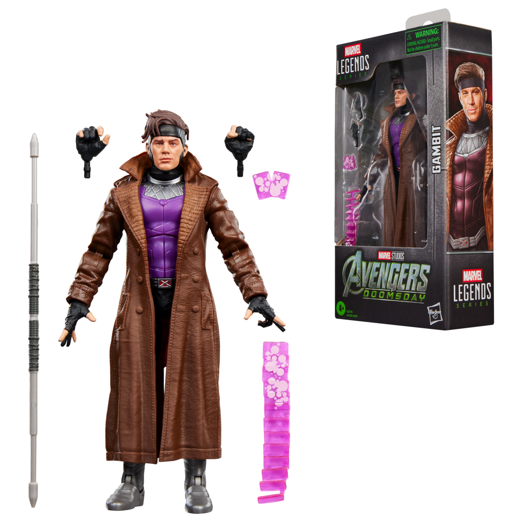 Gambit con bastón, manos y efectos junto a su caja