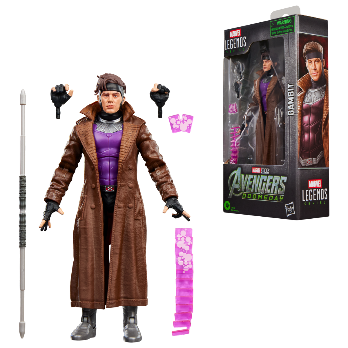 Gambit con bastón, manos y efectos junto a su caja