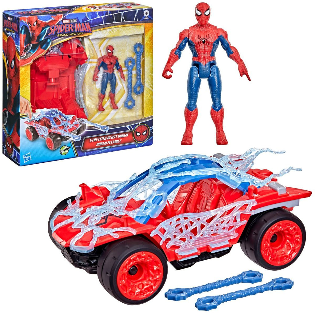 Empaque y contenido del set Spider-Man Stretch & Blast Buggy con figura y proyectiles